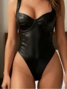 Black Faux Leather Bustier Thong Bodysuit